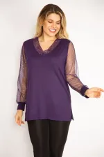 Kadın Mürdüm Yaka Ve Kolları Simli Tül Bluz 65N35185