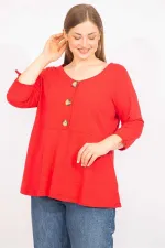 Kadın Kırmızı Büyük Beden Önü Süs Düğmeli Kol Bağcıklı Bluz 65N35734