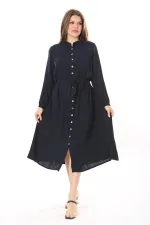 Kadın Lacivert Ön Düğmeli Roba Büzgülü Uzun Kuşaklı Elbise 65N37882