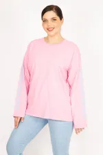 Kadın Bej Büyük Beden Kol Baskılı Sweatshirt