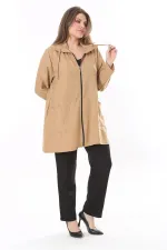 Kadın Büyük Beden Camel Keten Dokuma Ön Fermuar Ve Cepli Astarsız Ceket 65N37787