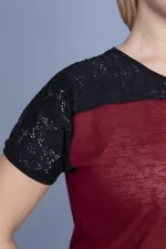 Kadın Bordo Roba Dantel Detaylı Düşük Kollu Bluz 65N25838