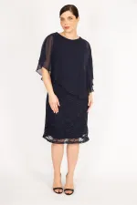 Kadın Lacivert Büyük Beden Şifon Pelerinli Astarlı Dantel Elbise