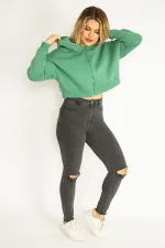 Kadın Yeşil 3 İplik Polar Ön Fermuarlı Kapşonlu Sweatshirt 65N35050