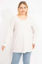 Kadın Taş Büyük Beden Kendinden Çizgili Bisiklet Yakalı Uzun Kollu Tunik 65N35646