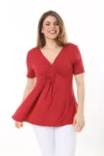 Kadın Büyük Beden Bordo Göğüs Büzgü Detaylı V Yakalı Kısa Kollu Bluz 65N37581