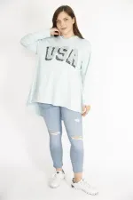 Kadın Bebe Mavisi Büyük Beden Payet Detaylı Kapşonlu Arkası Uzun Sweatshirt