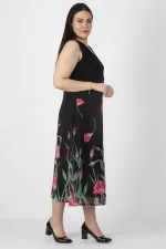 Kadın Siyah Etek Kısmı Şifon Astarlı Anvelop Çiçek Desenli Elbise 65N26735