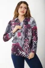 Kadın Büyük Beden Bordo Ön Patı Fermuarlı Uzun Kollu Desenli Bluz 65N37218