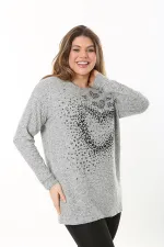 Kadın Büyük Beden Gri Önü Taş Detaylı Yün Viskon Bluz 65N37501