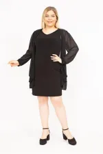 Kadın Siyah Büyük Beden Şifon Pelerinli Manşetleri Taş Detaylı Elbise 65N35809