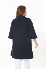 Kadın Büyük Beden Lacivert Dik Yakalı Kendinden Desenli Kapri Kollu Tunik Elbise 65N37518
