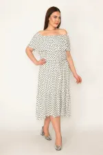 KADIN KEMİK PUAN DESEN YAKASI LASTİK VE VOLAN DETAYLI ETEĞİ KATLI DOKUMA VİSKON KUMAŞ ELBİSE