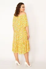 Kadın Fujya Yaka Lastikli Etek Ucu Büzgülü Dokuma Viskon Kumaş Elbise 65N33250