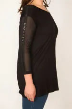 KADIN SİYAH KOLLARI TÜL VE PAYET DETAYLI V YAKALI BLUZ