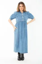 Kadın Büyük Beden Mavi Ön Pat Fermuarlı Kot Elbise 65N37377