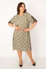Kadın Haki Dokuma Viskon Kumaşv Yaka Dantel Detaylı Elbise 65N33533