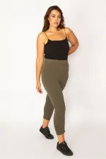 Kadın Haki Pamuklu Kumaş Paçası Büzgü Detaylı Tayt Kapri  65N34125