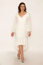 Kadın Kemik Göğüs Drapeli Kolları Şifon Eteği Volanlı Astarlı Abiye Elbise 85N7316