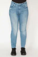 KADIN MAVİ YIRTIK DETAYLI YIKAMA SKİNNY JEAN PANTOLON