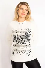 Kadın Kemik Yakası Kuşgözü Bağcıklı Taş Ve Baskı Detaylı Sweatshirt 65N34993