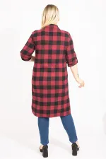 Kadın Bordo Ekose Desenli Ön Düğmeli Suni Deri Garnili Tunik Elbise 65N35422