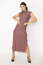 WOMEN'S MAROON BACK DETAILED SIDE SLITS SELF-STRIPED CREW-NECK DRESS