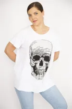 Kadın Büyük Beden Beyaz Taş İşli Bisiklet Yakalı Likralı Bluz