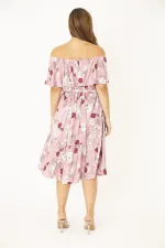 Kadın Büyük Beden Pembe Dokuma Viskon Kumaş Yakası Lastik Ve Volan Detaylı Elbise 65N36783