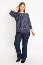 Kadın Lacivert Büyük Beden Pamuklu Kumaş Çizgi Kombinli Bluz 65N35571