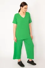 Kadın Fujya Kaşkorse Örme Beli Lastikli Geniş Paçalı Pantolon V Yakalı Bluz Takım 65N32939