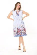 Kadın Büyük Beden Mavi V Yakalı Desenli Kolsuz Elbise 65N37873