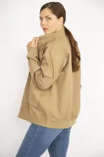Women's Camel Plus Size Front Zippered Pocket Detailed Unlined Coat