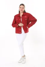 Kadın Büyük Beden Bordo Metal Düğmeli Kup Detaylı Cepli Kot Mont 65N37713