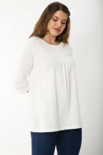 Kadın Büyük Beden Kemik Pamuklu Kumaş Pile Detaylı Kapri Kollu Bluz 65N37225