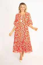 Kadın Kırmızı Dokuma Viskon Kumaş Volan Kollu Etek Ucu Katlı Elbise 65N34435