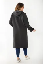 Kadın Büyük Beden Füme Ön Fermuarlı Kapşonlu Astarsız Suni Deri Garnili Kaban 65N37179