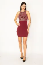 KADIN BORDO TAŞ DETAYLI HALTER YAKA ABİYE ELBİSE