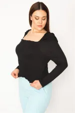 KADIN SİYAH BEDEN KISMI GİPE LASTİKLİ KARMEN YAKA UZUN KOLLU CROP BLUZ