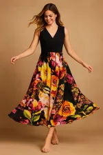 Kadın Büyük Beden Siyah, Anvelop Yaka, Çiçek Desenli Viskon Elbise 65N39238