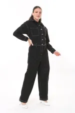 Kadın Büyük Beden Siyah Kontrast Dikişli Metal Düğmeli Kot Tulum 65N37723