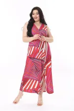 Kadın Renkli Anvelop Yakalı Ön Yırtmaçlı Uzun Elbise 65N37935