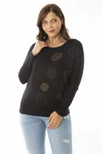 Kadın Büyük Beden Siyah Taş Detaylı Yarasa Kol Bluz 65N36864