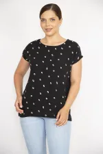 Kadın Siyah Büyük Beden Dokuma Viskon Kumaş Düşük Kollu Bisiklet Yaka Bluz