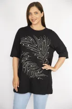 Kadın Büyük Beden Siyah Taş Ve İnci İşli Bisiklet Yakalı Yan Yırtmaçlı Bluz