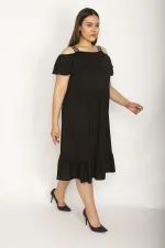 Kadın Siyah Karmen Yaka Eteği Volanlı Askılı Elbise 65N26476