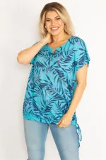 Kadın Mavi Taş Detaylı Etek Ucu Tünel Bağcıklı Bluz 65N34629