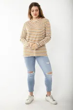 Kadın Büyük Beden Sütlükahve Uzun Kollu Çizgili Bluz 65N37217