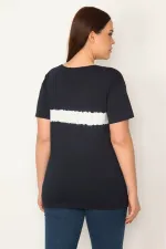 KADIN LACİVERT BİSİKLET YAKALI BASKILI BLUZ