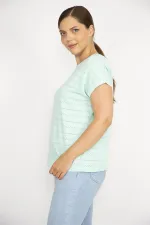 Kadın Pembe Büyük Beden Pamuk Kumaş Kendinden Desenli Düşük Kol Bluz